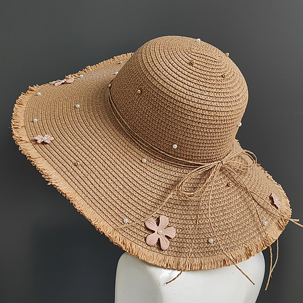 Women’s Wide-Brim Straw Sun Hat with Floral Accents - Brown